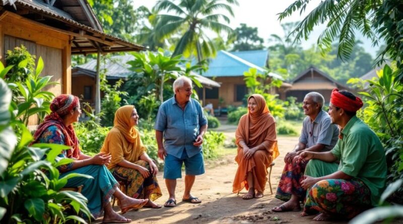 Pemandangan desa Bojonggambir dengan pemimpin lokal berdiskusi.