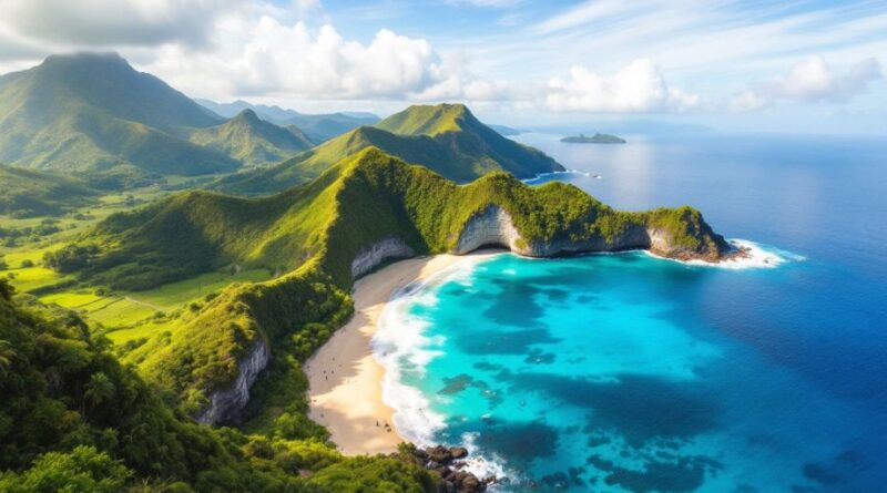 Lanskap indah Indonesia dengan pantai tersembunyi dan perbukitan.