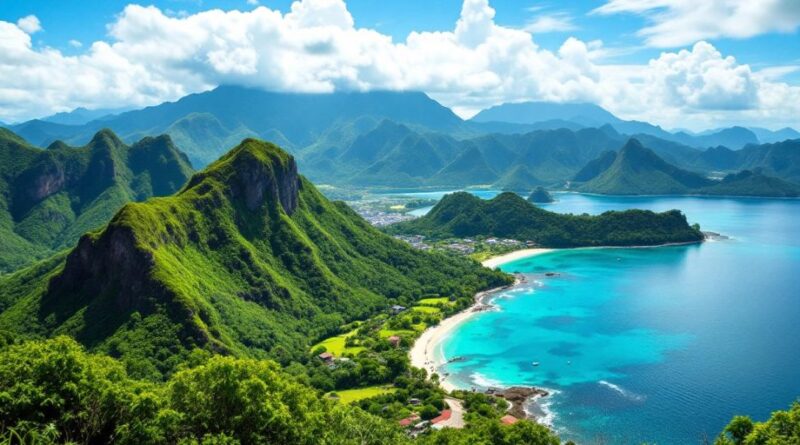 Pemandangan indah alam Indonesia dengan pegunungan dan pantai.