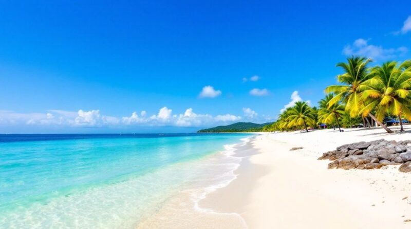 Pantai Pesona dengan pasir putih dan air biru jernih.