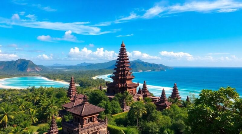 Gambar pantai tropis dan pura ikonik Bali.