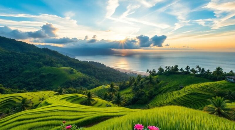 Pemandangan indah Bali dengan sawah dan pantai.